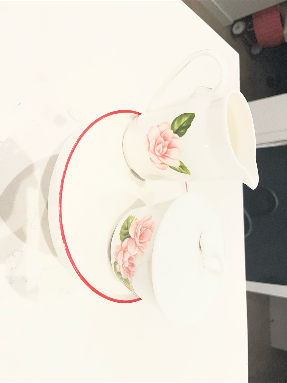 White Porcelain Creamer and Sugar Set with Pink Rose Martha Stewart Macys